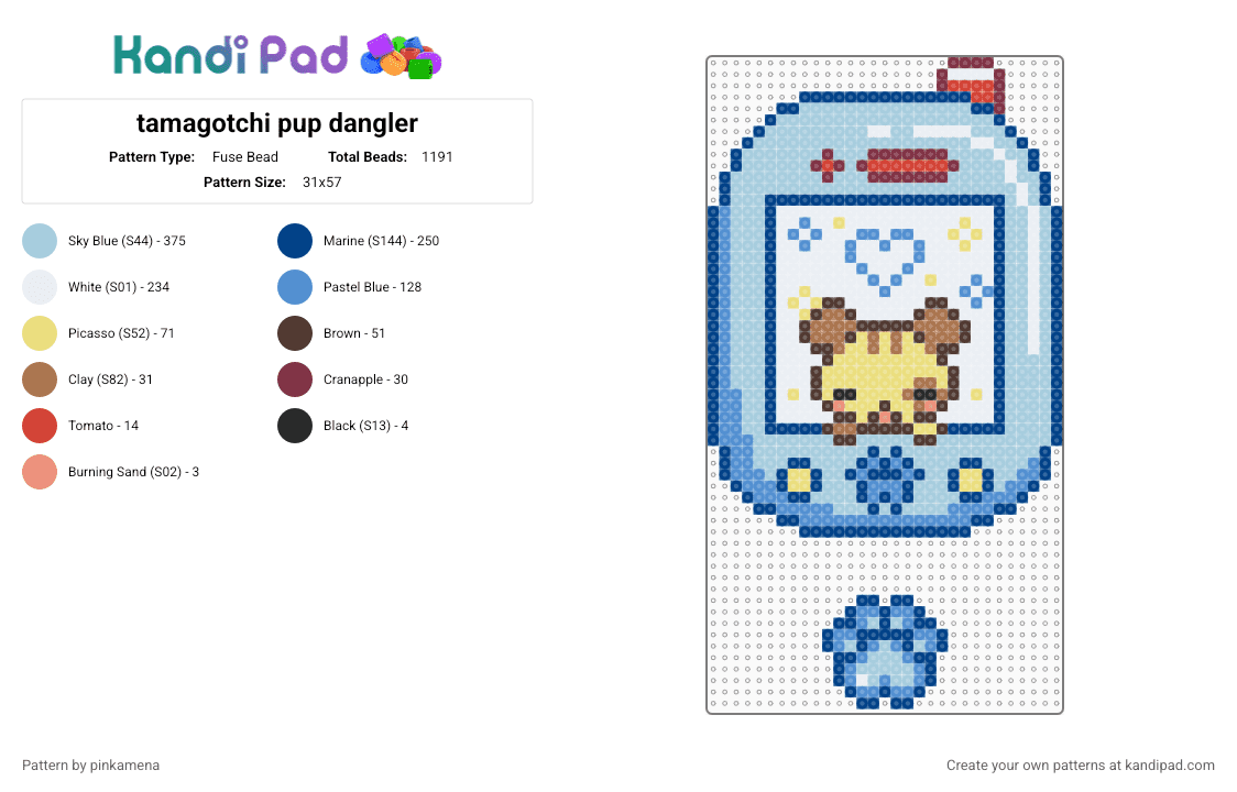tamagotchi pup dangler - Fuse Bead Pattern by pinkamena on Kandi Pad - blue,light blue,cute,kawaii,animal,puppy dog,toy,electric,paw