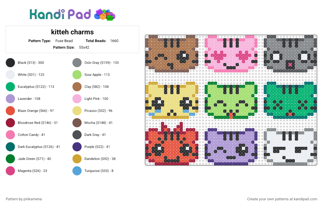kitteh charms - Fuse Bead Pattern by pinkamena on Kandi Pad - pink,gray,red,colorful,cute,kawaii,kitty cat,animal,keychain,charm,scene,kitten