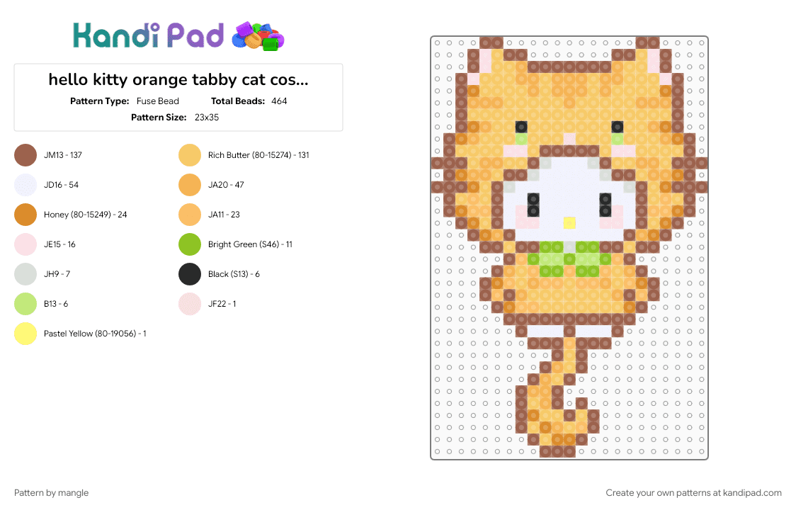 hello kitty orange tabby cat costume - Fuse Bead Pattern by mangle on Kandi Pad - cute kawaii, keychain, kitten cat, orange, pet, sanrio, tan, yellow