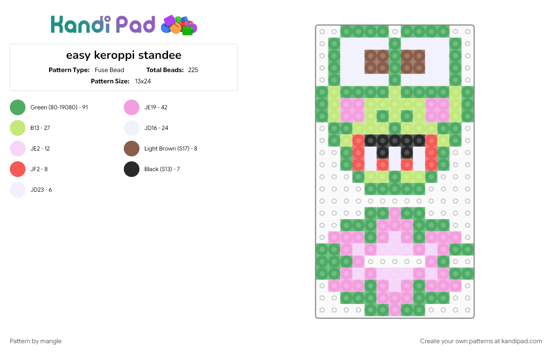 easy keroppi standee - Fuse Bead Pattern by mangle on Kandi Pad - animal animals, beginner, cute kawaii, frog, green, pink, pond creature water, sanrio