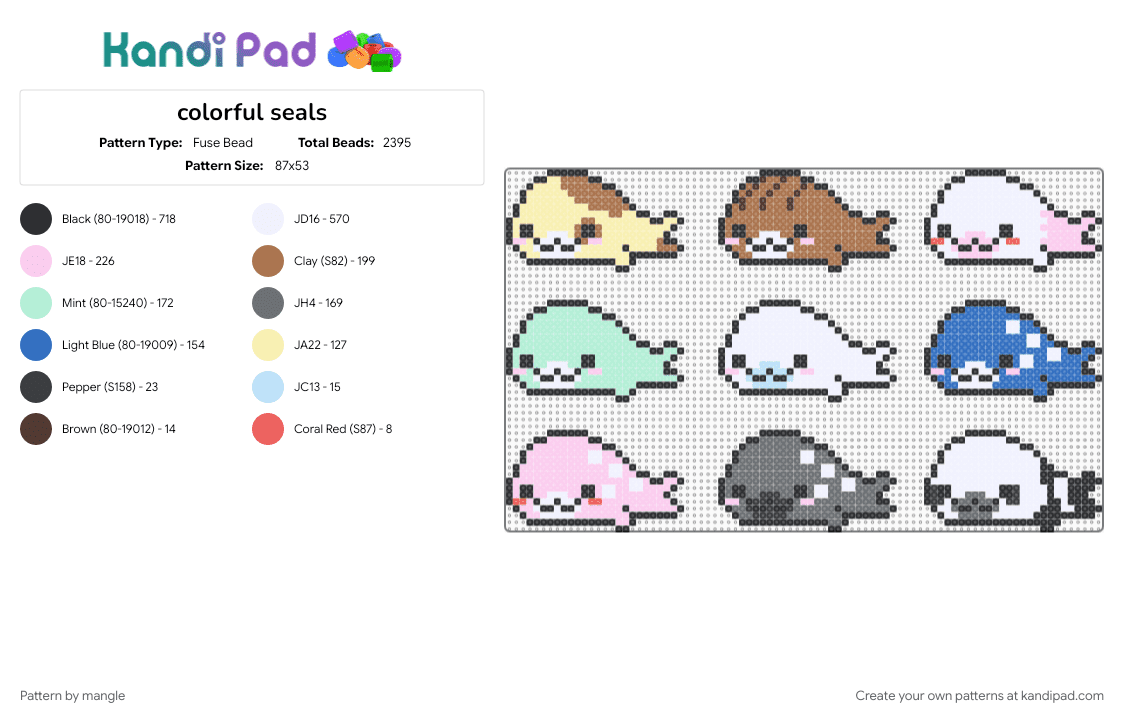 colorful seals - Fuse Bead Pattern by mangle on Kandi Pad - animal animals, blue, charm charms, colorful, cute kawaii, decora keychain, light blue, mamegoma, sanx san x, sea creature, sea seal, tan
