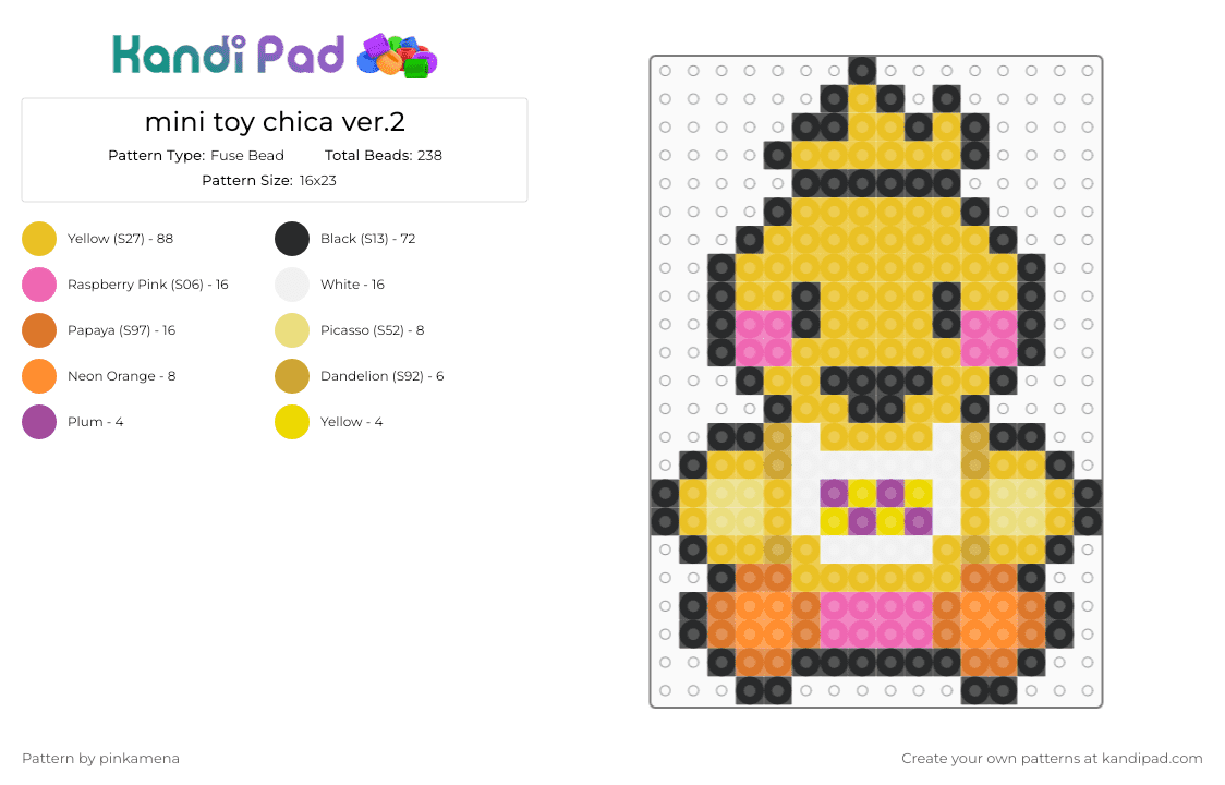 mini toy chica ver.2 - Fuse Bead Pattern by rainbowhash on Kandi Pad - charm, easy, five nights at freddys, fnaf, keychain, small, tiny, video game, yellow