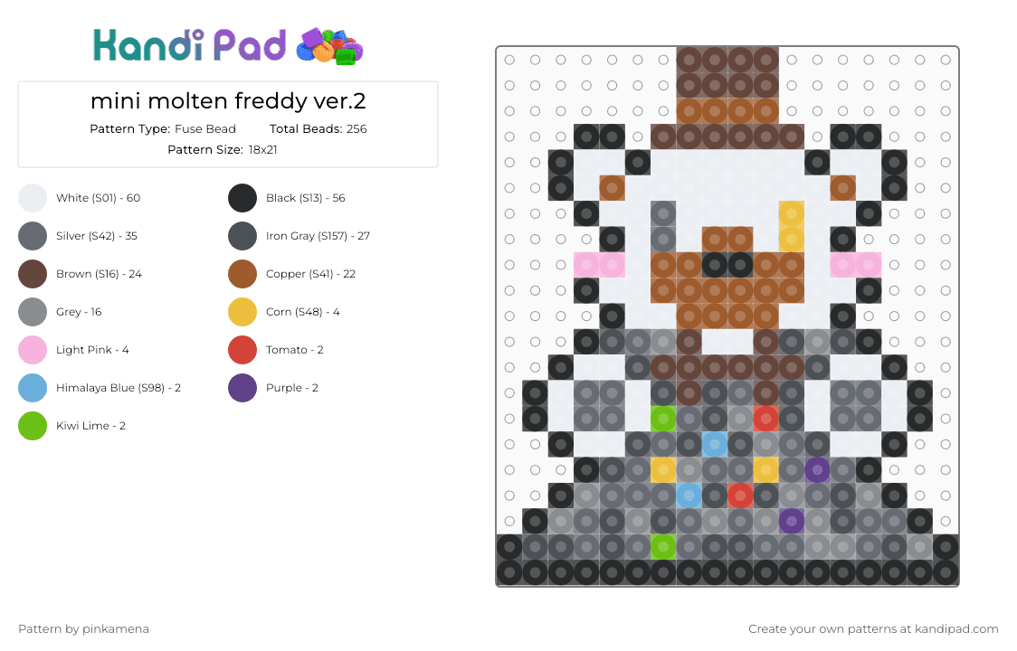 mini molten freddy ver.2 - Fuse Bead Pattern by pinkamena on Kandi Pad - brown,tan,gray,purple,small,tiny,charm,keychain,fnaf,five nights at freddys,video game,easy