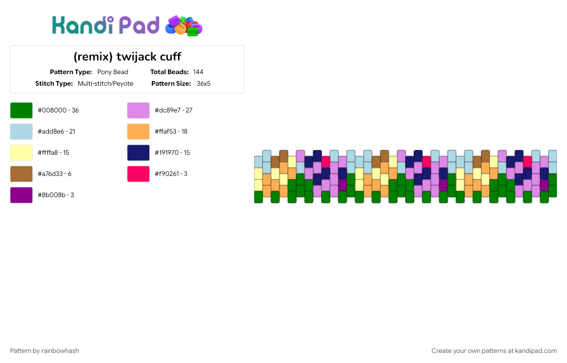 twijack cuff - Pony Bead Pattern by mangle on Kandi Pad - apple jack, applejack, cartoon, green, light blue, mlp, my little pony, orange, pink, twilight sparkle