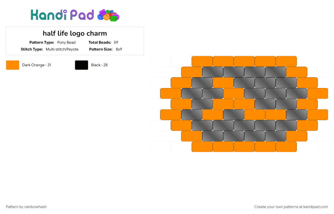 half life logo charm - Pony Bead Pattern by mangle on Kandi Pad - black, halflife, keychain, orange, valve, video game