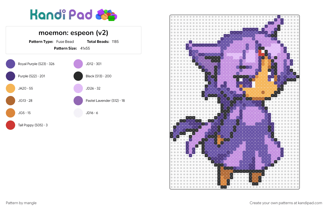 moemon: espeon (v2) - Fuse Bead Pattern by mangle on Kandi Pad - 2000s, anime, cute kawaii, eeveelution, nintendo, pink, pokemon, purple, video game, y2k