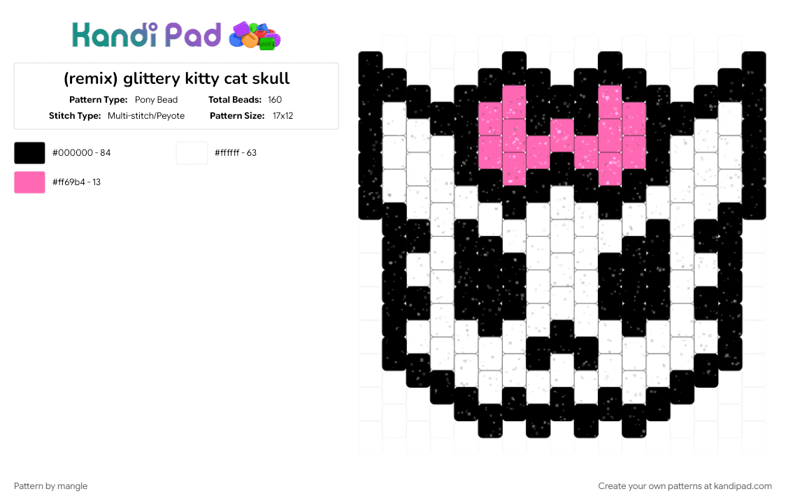 glittery kitty cat skull - Pony Bead Pattern by mangle on Kandi Pad - animal animals, cute kawaii, decora, monster, scene emo, scenemo, skeleton, skulls, white