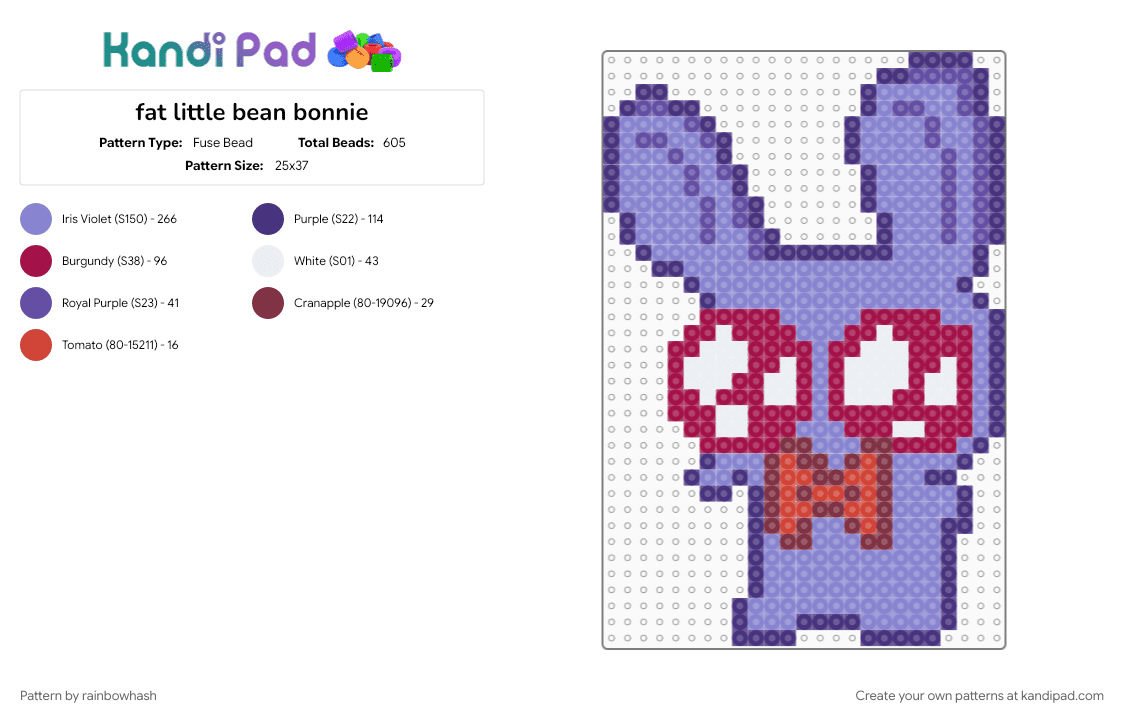 fat little bean bonnie - Fuse Bead Pattern by rainbowhash on Kandi Pad - blue, five nights at freddys, fnaf, purple, video game