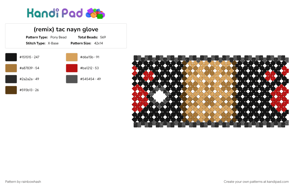 (remix) tac nayn glove - Pony Bead Pattern by rainbowhash on Kandi Pad - accessory, animal, black, emo, kitty cat, nyan cat, orange, red, scene, scenemo, tan, wearable