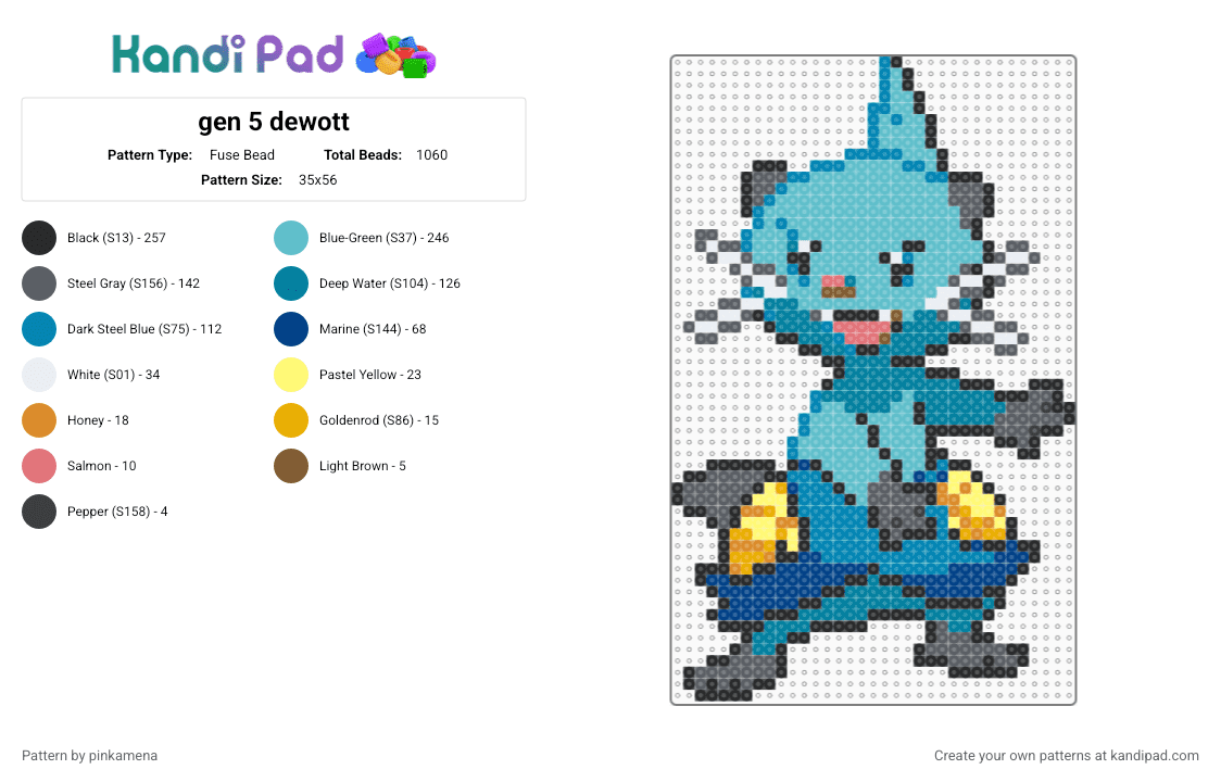 gen 5 dewott - Fuse Bead Pattern by pinkamena on Kandi Pad - light blue,gray,teal,pokmon,video game,nintendo,otter,sea animal,water animals