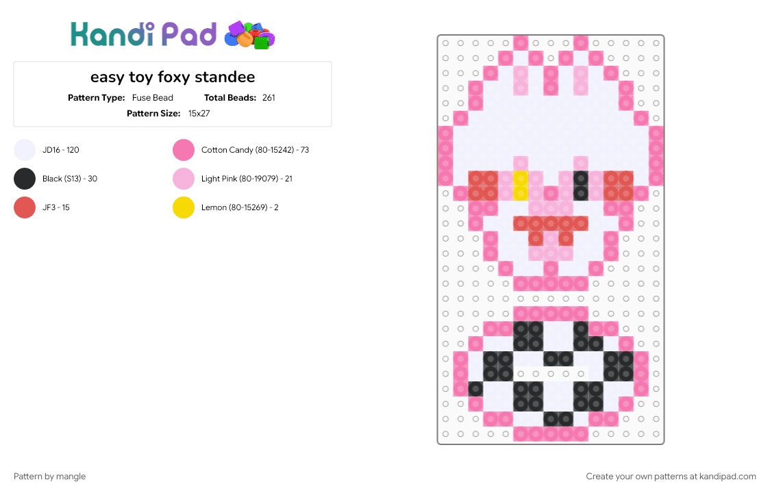 easy toy foxy standee - Fuse Bead Pattern by mangle on Kandi Pad - beginner, five nights at freddys, fnaf, mangle, pink, white