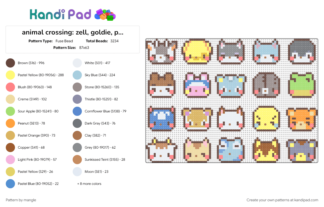 animal crossing: zell, goldie, punchy, whitney, aurora, genji, snake, filbert, cephalobot, henry, hornsby, sylvana, olivia, twiggy, teddy, chevre, merry, jeremiah, rudy, poncho - Fuse Bead Pattern by mangle on Kandi Pad - animal, animals, brown, cute, gray, kawaii, keychain charms, light blue, nintendo video game, yellow