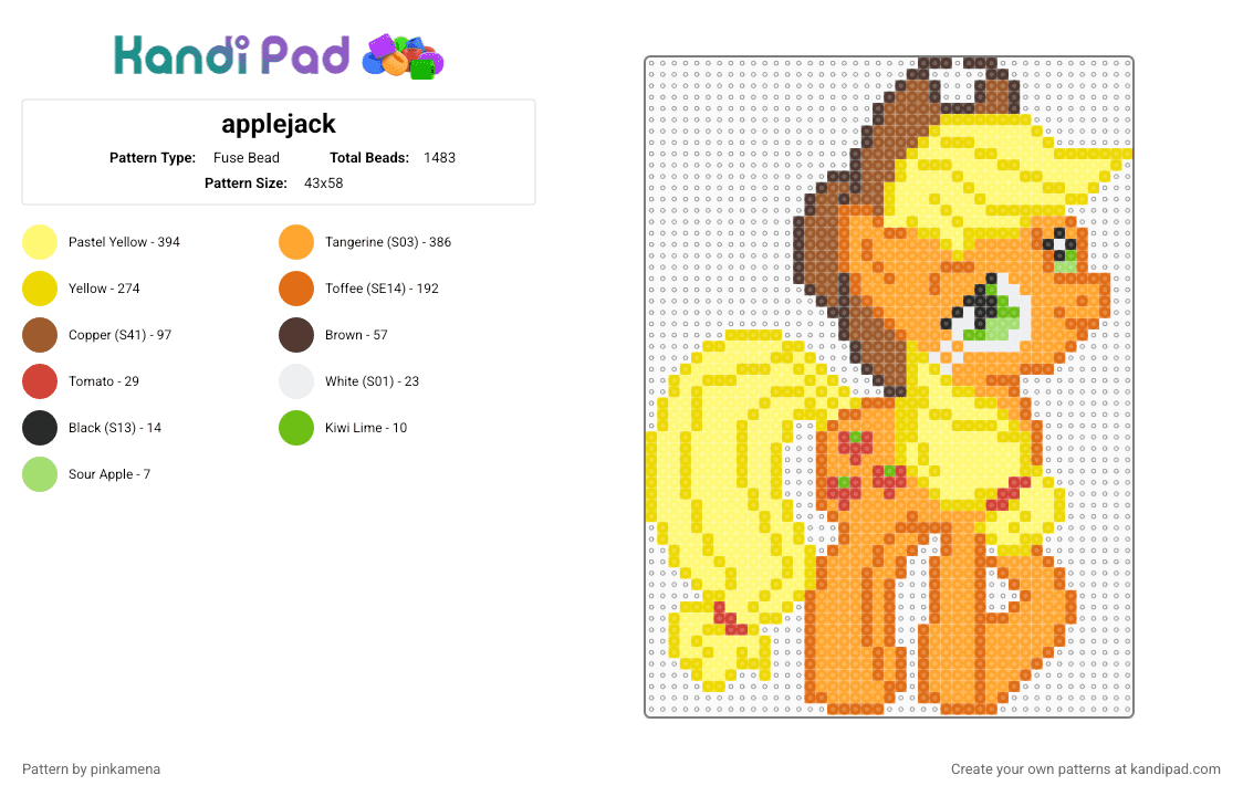 applejack - Fuse Bead Pattern by pinkamena on Kandi Pad - orange,yellow,cartoon,animal,mlp,my little pony,horse