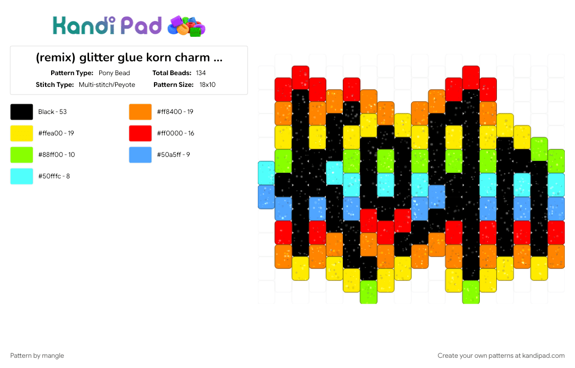 glitter glue korn charm logo v2 - Pony Bead Pattern by mangle on Kandi Pad - 2000s, keychain colorful, light blue, nu metal rock, numetal music, orange, rainbow, red, scene accessory, scenemo, yellow