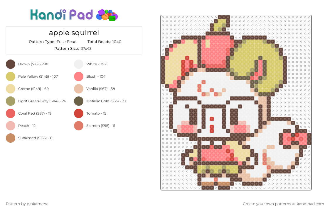 apple squirrel - Fuse Bead Pattern by pinkamena on Kandi Pad - brown,yellow,red,beige,cute,kawaii,animal,animals,fruit,food