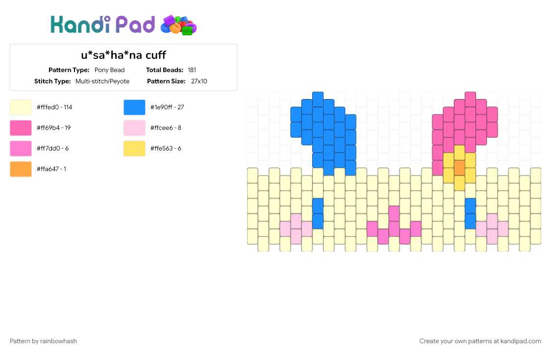 u*sa*ha*na cuff - Pony Bead Pattern by mangle on Kandi Pad - animal, bunny rabbit sanrio, colorful, decora, rainbow, scene, scenemo, usahana hello kitty, yellow