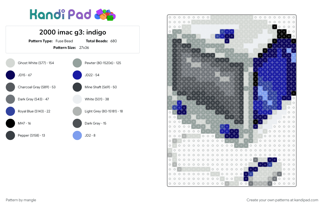 2000 imac g3: indigo - Fuse Bead Pattern by mangle on Kandi Pad - 2000s y2k, 90s, computer, frutiger aero, gray, old tech, purple, retro technology