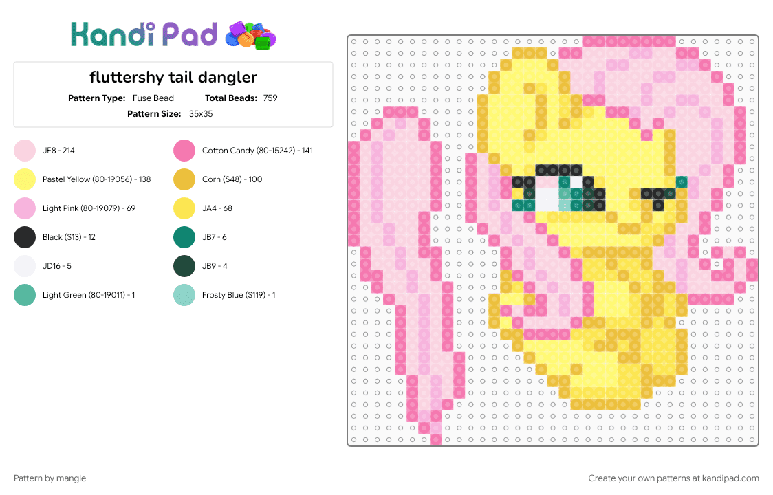 fluttershy tail dangler - Fuse Bead Pattern by mangle on Kandi Pad - 2010s, animal animals, cute kawaii, flutter shy dangle, horse cartoon, keychain, mlp, my little pony, pink, yellow