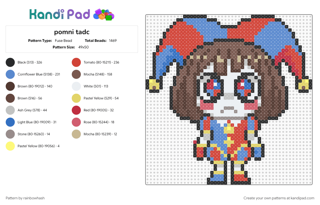 pomni tadc - Fuse Bead Pattern by rainbowhash on Kandi Pad - animated character, animation, blue, brown, cartoon, clown, cute, jester, red, tan, the amazing digital circus