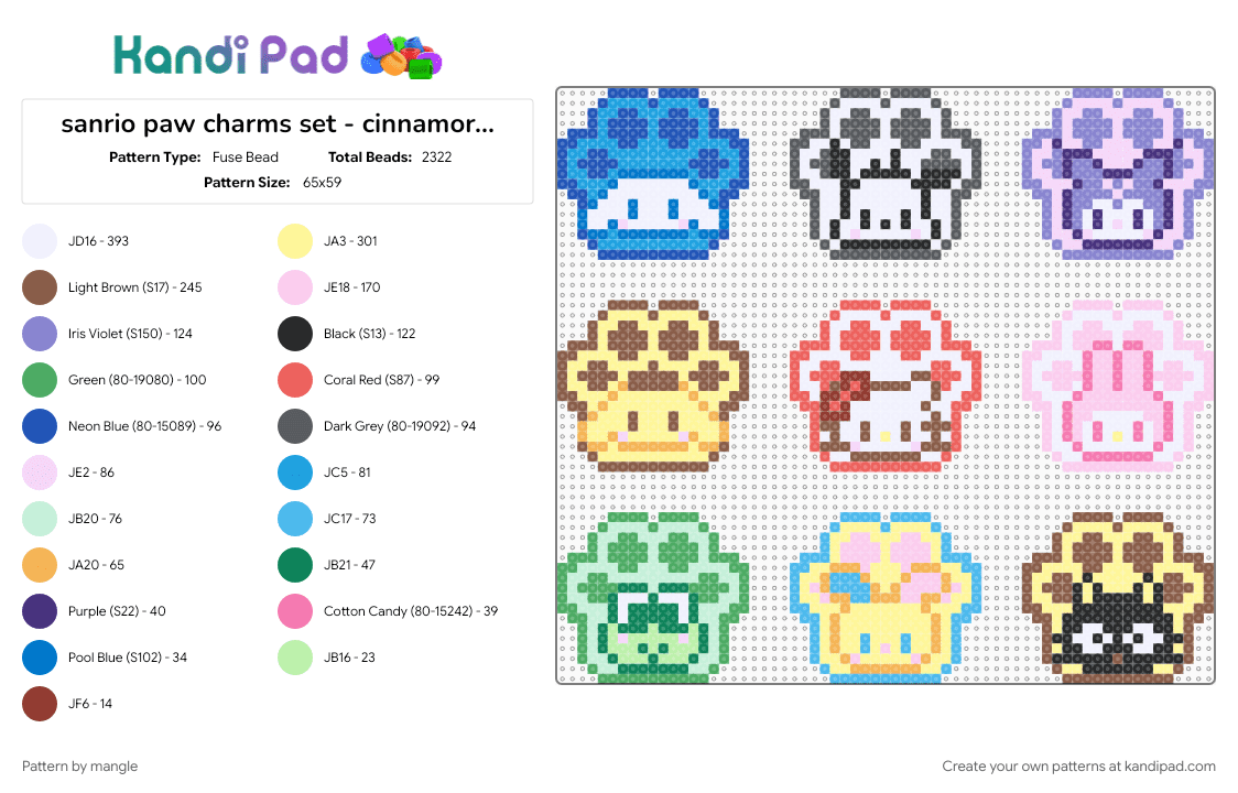 sanrio paw charms set - cinnamoroll, pochacco, kuromi, pompompurin, hello kitty, my melody, keroppi, u*sa*ha*na, chococat - Fuse Bead Pattern by mangle on Kandi Pad - animal animals decora, charm keychain, cinnamon roll, cinnamonroll usahana, colorful, cute kawaii, easy small tiny, frog bunny rabbit paws, light blue, puppy dog kitten cat, tan, yellow