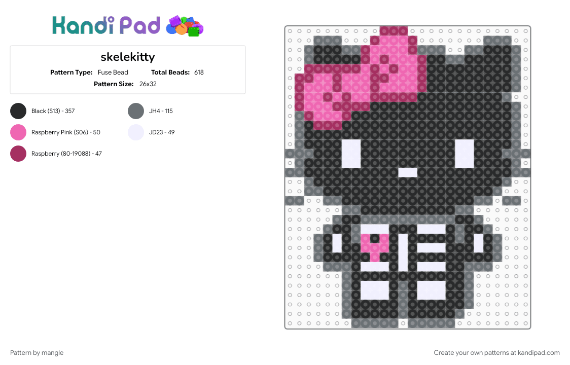 skelekitty - Fuse Bead Pattern by mangle on Kandi Pad - black, cute kawaii skeleton, edgy, gray, halloween scenemo, hello kitty sanrio, horror skull, kitty kitten horror, pink, scene emo skulls