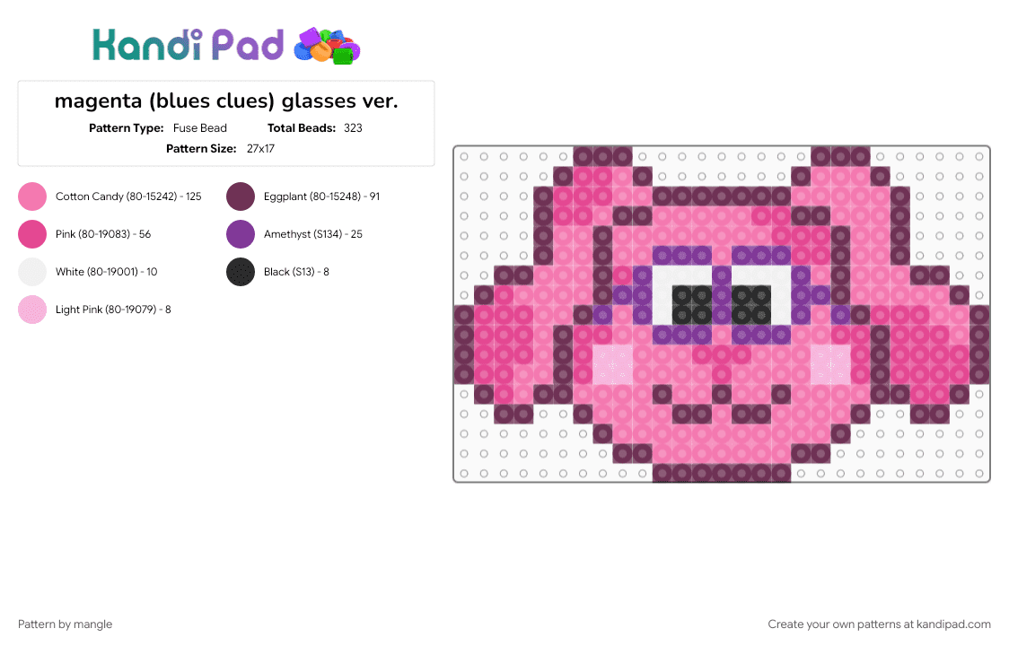 magenta (blues clues) glasses ver. - Fuse Bead Pattern by mangle on Kandi Pad - cartoon, cute, dog, kawaii, pink, puppy