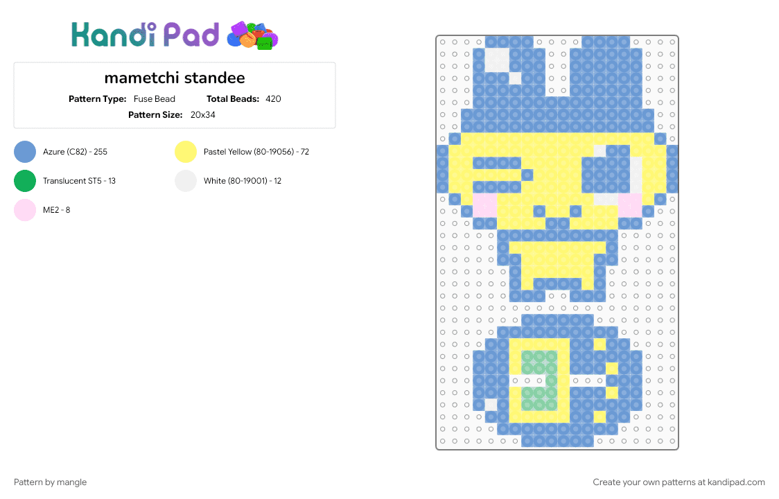 mametchi standee - Fuse Bead Pattern by mangle on Kandi Pad - 2000s, animal animals, cute kawaii, light blue, pastel, tamagotchi, virtual pet, yellow