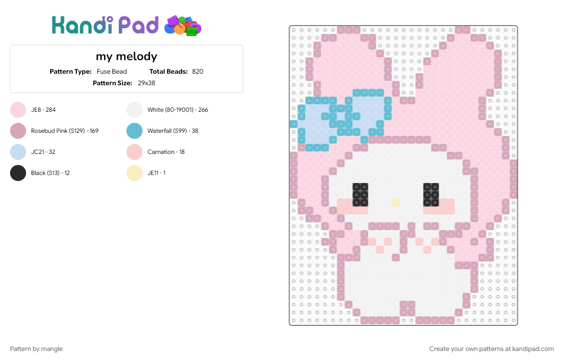 my melody - Fuse Bead Pattern by mangle on Kandi Pad - animal, animals, bunny rabbit, cute, hello kitty, kawaii, pink, sanrio, white