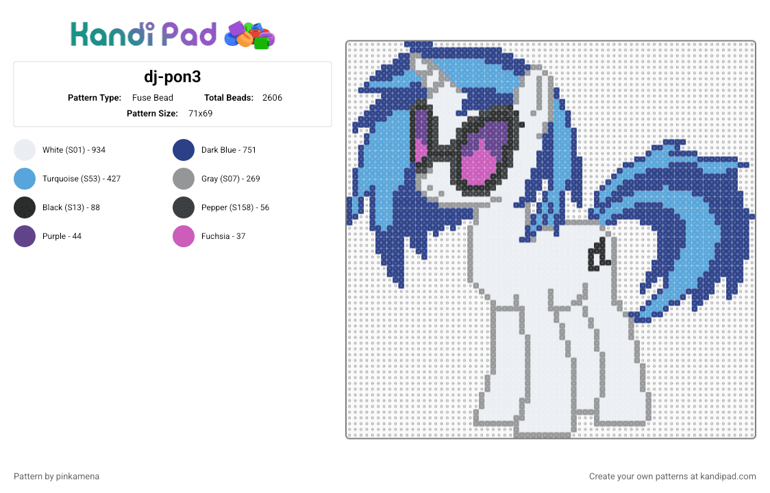 dj pon-3 - Fuse Bead Pattern by rainbowhash on Kandi Pad - animal, animals, blue, djpon3, horse, light blue, mlp, my little pony, unicorn, vinyl scratch