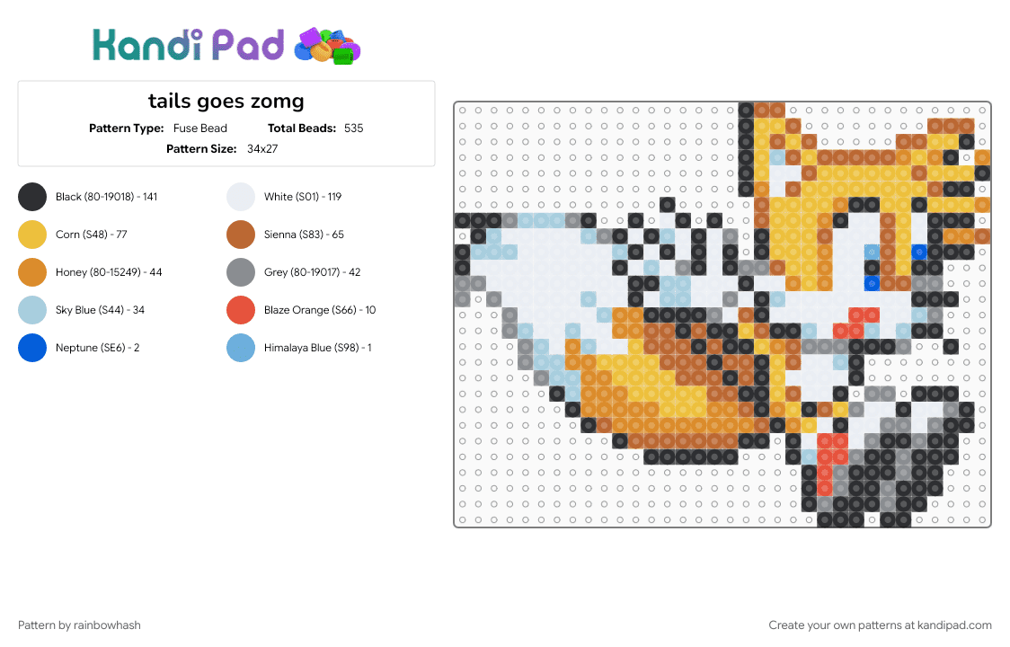 tails goes zomg - Fuse Bead Pattern by rainbowhash on Kandi Pad - gray, miles prower, orange, sonic the hedgehog, tan, video game, yellow