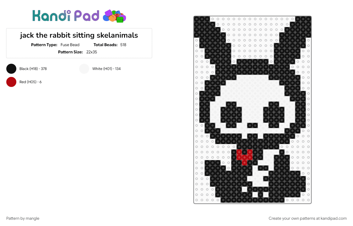 jack the rabbit sitting skelanimals - Fuse Bead Pattern by mangle on Kandi Pad - animal animals, black, cute kawaii skelanimals, decoration, emo edgy, gore bunny rabbit, scene emo, skeleton skull horror, wall decor panel, white