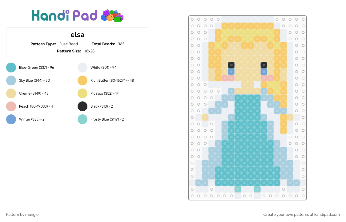 elsa - Fuse Bead Pattern by mangle on Kandi Pad - cartoon, disney, easy, frozen, princess, teal, yellow