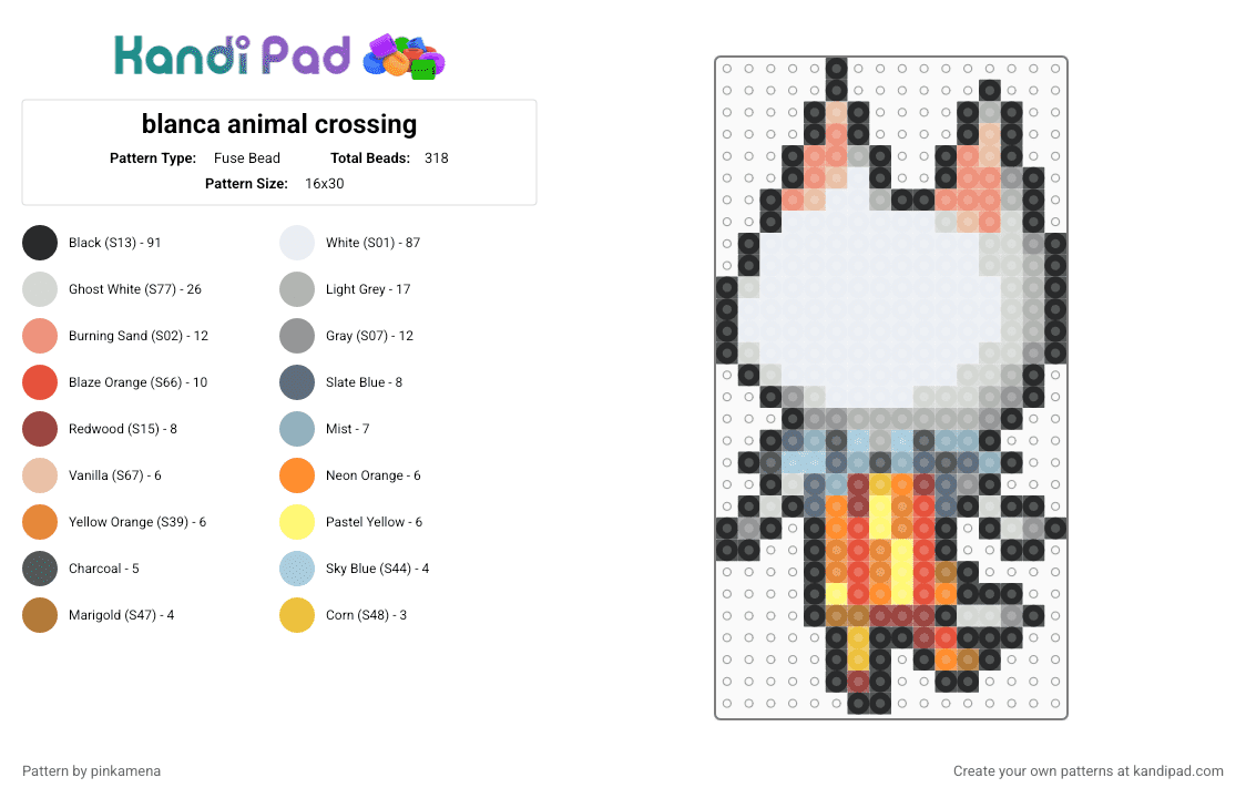 blanca animal crossing - Fuse Bead Pattern by rainbowhash on Kandi Pad - white,beige,orange,red,colorful,animal,acnh,acnl,nintendo,kitty cat,video game,sprite,clown
