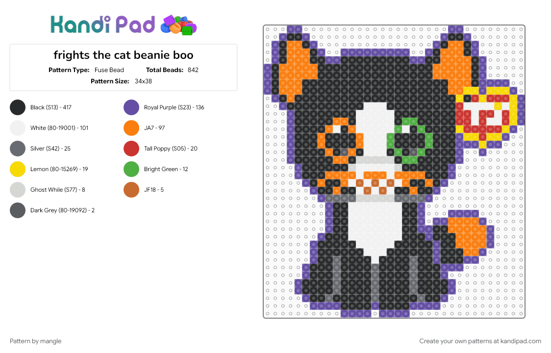frights the cat beanie boo - Fuse Bead Pattern by mangle on Kandi Pad - black, cute kawaii, halloween, kidcore, nostalgia, orange, plush plushy plushie, plushies plushes, purple, stuffed toy toys, tweencore