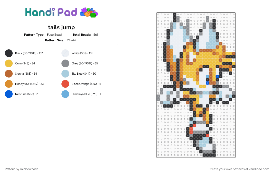 tails jump - Fuse Bead Pattern by rainbowhash on Kandi Pad - gray, light blue, miles prower, sonic the hedgehog, tan, video game, yellow
