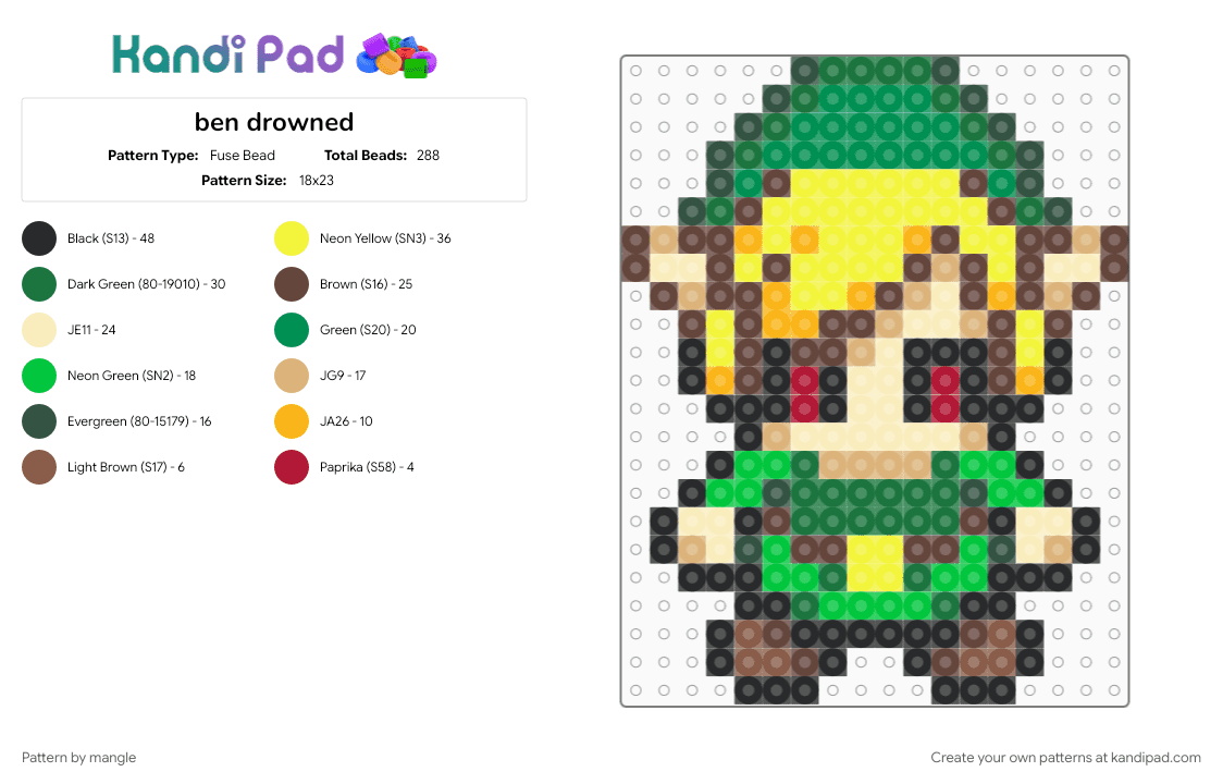 ben drowned - Fuse Bead Pattern by mangle on Kandi Pad - 2010s, beige, brown, creepypasta, green, jeff the killer, link, sprite, video game, yellow