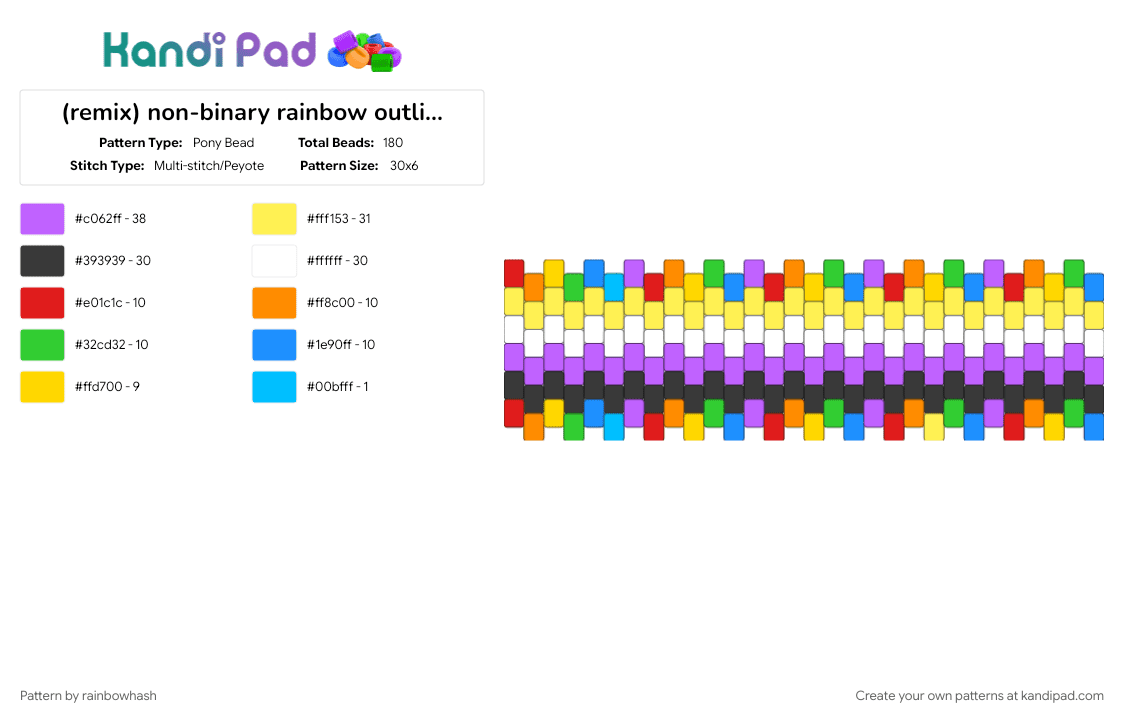 non-binary rainbow outline cuff - Pony Bead Pattern by mangle on Kandi Pad - colorful, enby, gender, lgbt, lgbtq, lgbtqia, non binary, pink, pride, yellow
