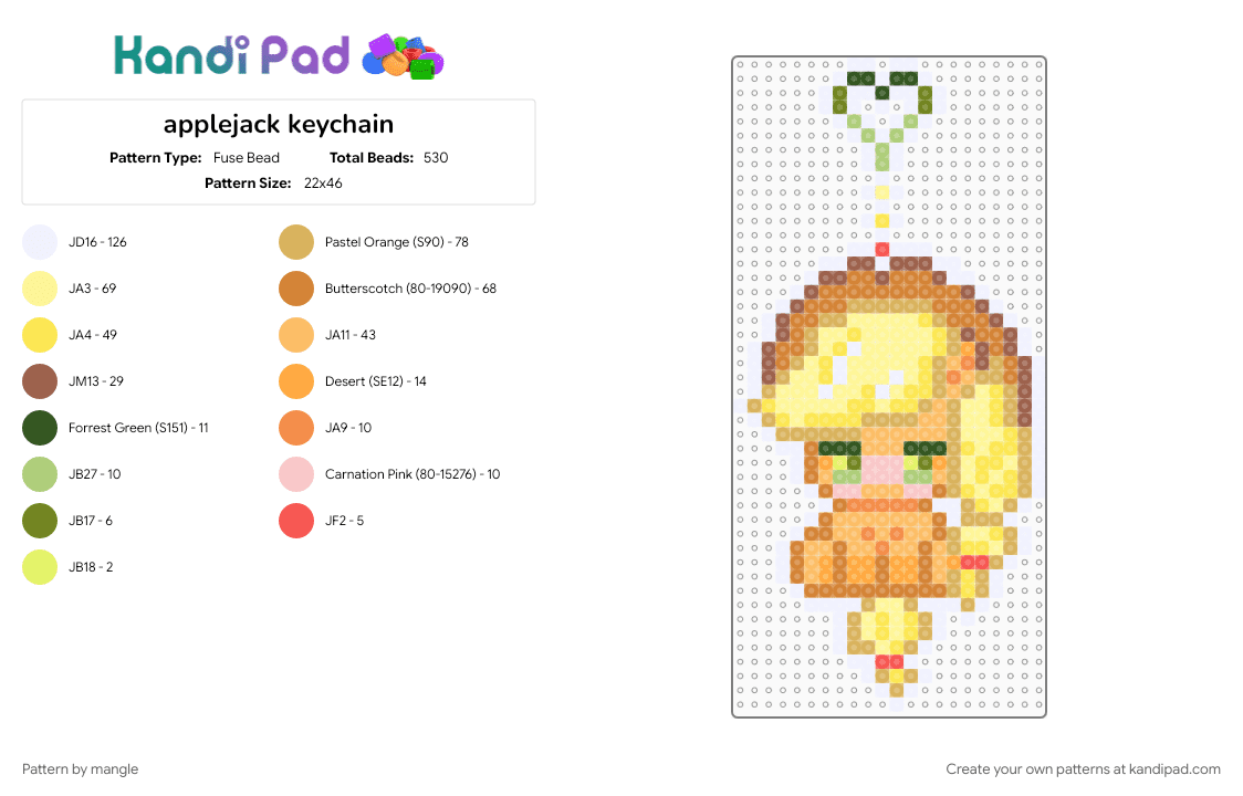 applejack keychain - Fuse Bead Pattern by mangle on Kandi Pad - animal animals, apple jack charm, cartoon, cute kawaii, decora, mlp my little pony, orange, scene, scenemo, yellow