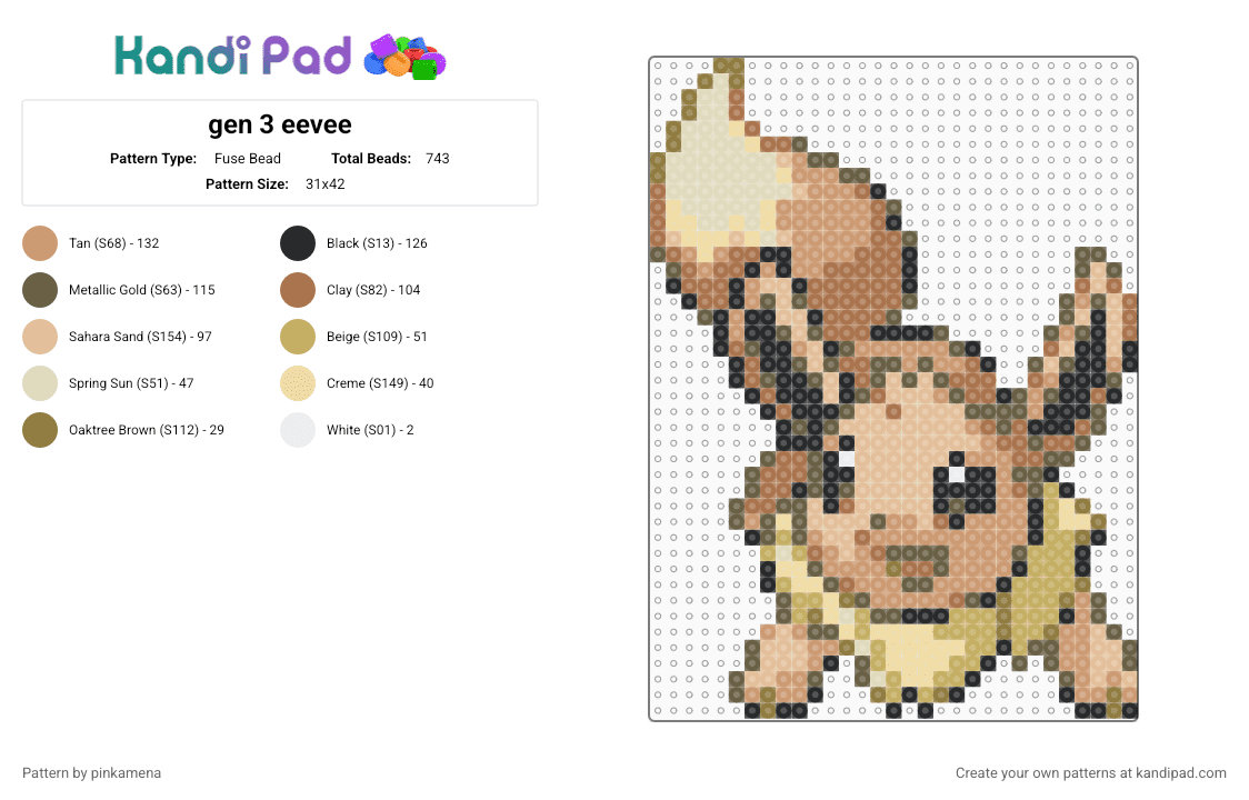 gen 3 eevee - Fuse Bead Pattern by rainbowhash on Kandi Pad - beige,tan,pokmon,video game,nintendo,cute,kawaii,fox,animal