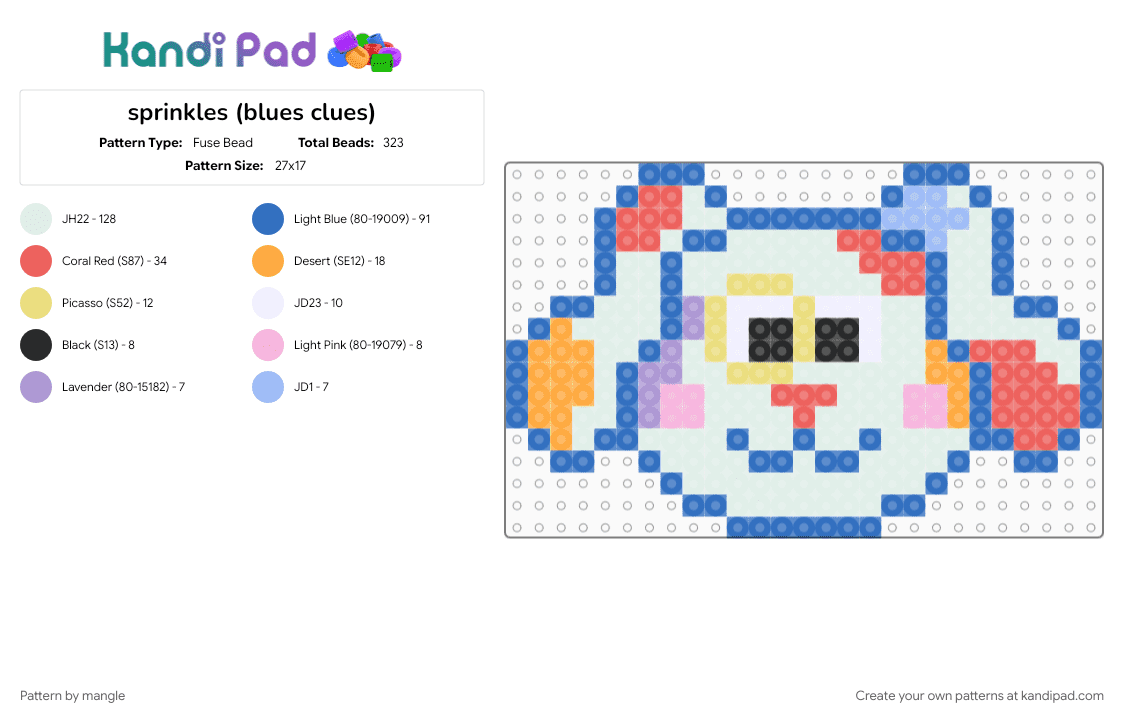 sprinkles (blues clues) - Fuse Bead Pattern by mangle on Kandi Pad - 2000s nostalgia, animal animals, blue, cartoon tv show, cute kawaii, nickelodeon nick jr, puppy dog, red, white