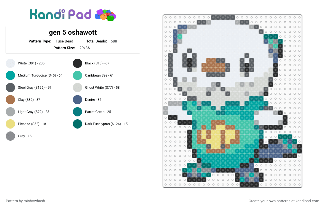 gen 5 oshawott - Fuse Bead Pattern by rainbowhash on Kandi Pad - animal, cute, gray, kawaii, nintendo, otter, pokmon, sea creature, teal, video game, white