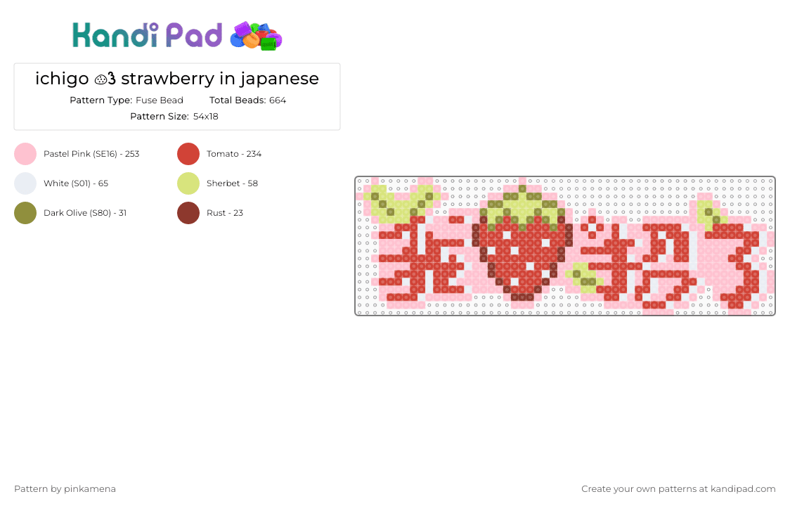 ichigo 𔓐𑇓 strawberry in japanese - Fuse Bead Pattern by pinkamena on Kandi Pad - pink,red,cute,kawaii,wall decor,decoration,japan,fruit,fruits,food