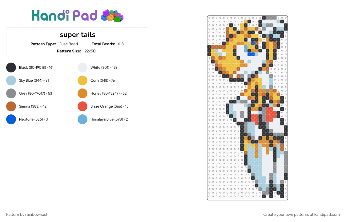 super tails - Fuse Bead Pattern by rainbowhash on Kandi Pad - colorful, gray, miles prower, orange, sonic the hedgehog, video game, yellow
