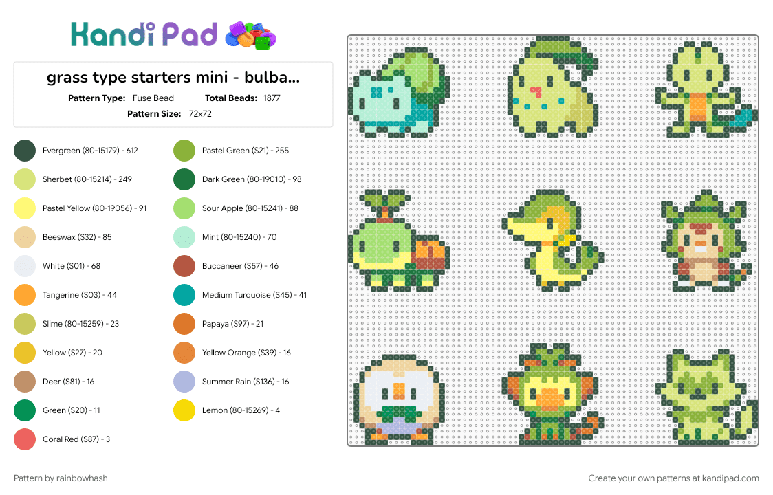 grass type starters mini - bulbasaur, chikorita, treecko, turtwig, snivy, chespin, rowlet, grookey, sprigatito - Fuse Bead Pattern by rainbowhash on Kandi Pad - animal, charm, charms, cute, gray, green, kawaii, nintendo, pokmon, video game, yellow