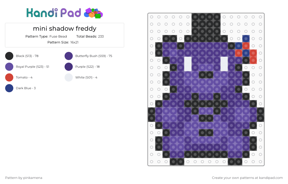 mini shadow freddy - Fuse Bead Pattern by rainbowhash on Kandi Pad - purple,small,tiny,charm,keychain,fnaf,five nights at freddys,video game,easy