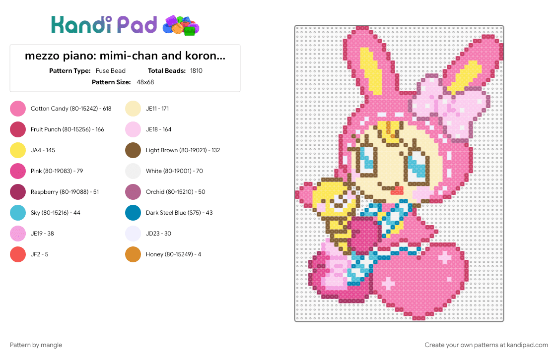 mezzo piano: berry-chan and koron-chan - Fuse Bead Pattern by mangle on Kandi Pad - 2000s, bunny rabbit, cute kawaii, cutecore, detailed big large, kawaiicore, pink, y2k