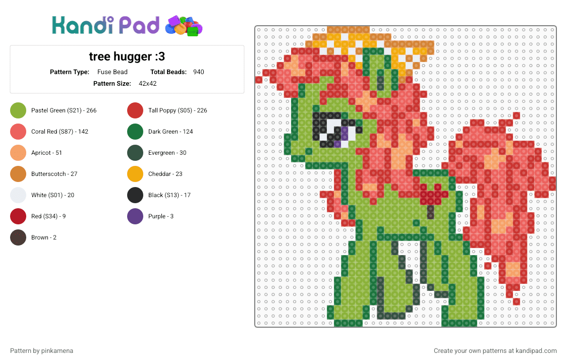 tree hugger :3 - Fuse Bead Pattern by rainbowhash on Kandi Pad - animal, animals, cartoon, green, horse, mlp, my little pony, red, treehugger