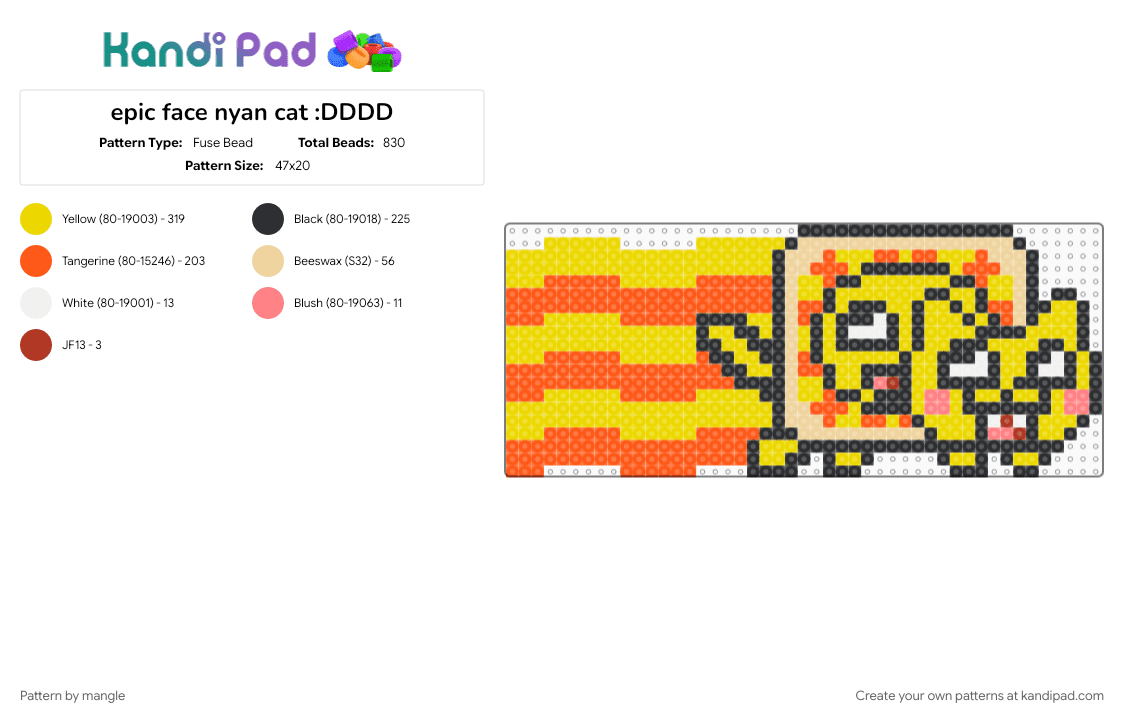 epic face nyan cat :DDDD - Fuse Bead Pattern by mangle on Kandi Pad - 2010s, internet meme, kitten, kitty, orange, yellow