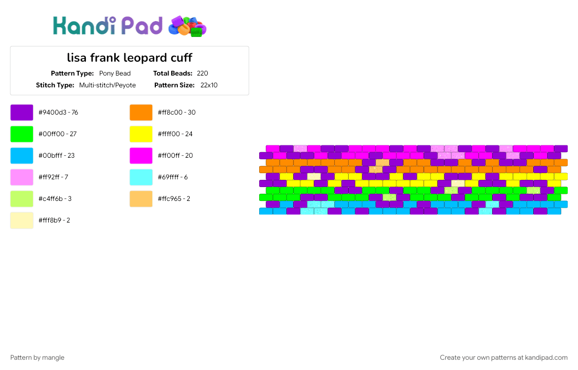 lisa frank leopard cuff - Pony Bead Pattern by mangle on Kandi Pad - colorful, furry, neon, purple, rainbow, scene, scenemo, sparkle fur, sparklefur