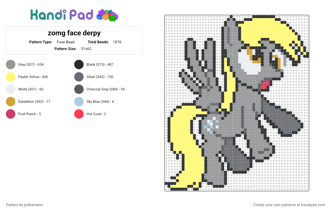 zomg face derpy - Fuse Bead Pattern by pinkamena on Kandi Pad - gray,yellow,cute,horse,pegasus,mlp,my little pony,cartoon,animal